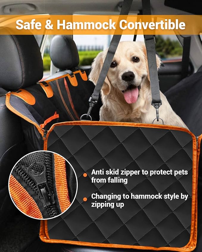 Dog Car Seat Cover, 600D Heavy Durable Dog Seat Cover for Back Seat, 100% Waterproof Scratch Proof Nonslip Dog Hammock for Car with Side Flap, Pet Seat Covers with SeatBelt for Cars Sedan SUV Trucks