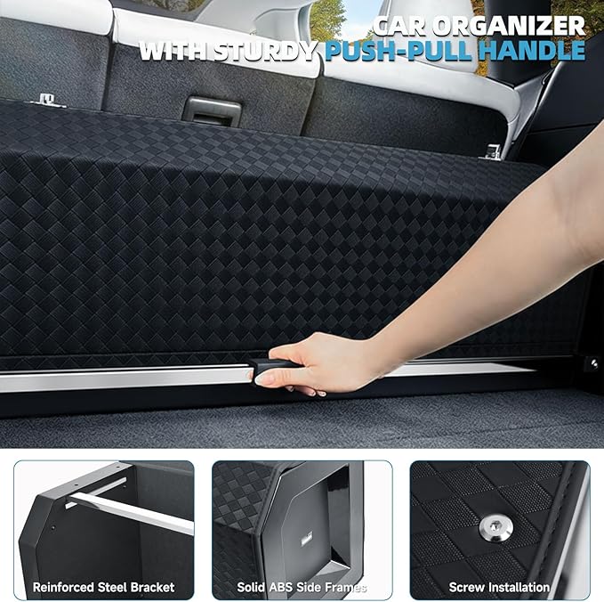 Sturdy Trunk Organizer with Lid, Waterproof Leather Car Storage Organizer with Sturdy Handle, Extra Large Car Organizers and Storage Fits Shopping, Camping, Road Trips (42.12 inch)