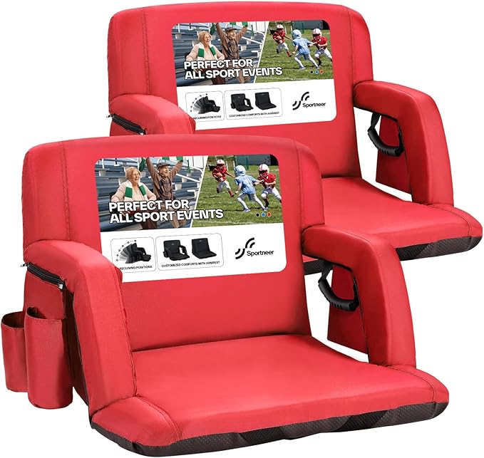Sportneer Stadium Seats with Back Support: 2.5'' Thick Comfy Cushion 6 Adjustable Angle Bleacher Seat with Armrest - 2 Large Pockets, 2 Cup Holders Stadium Chair for Sport Events Concerts Parks