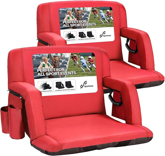 Sportneer Stadium Seats with Back Support: 2.5'' Thick Comfy Cushion 6 Adjustable Angle Bleacher Seat with Armrest - 2 Large Pockets, 2 Cup Holders Stadium Chair for Sport Events Concerts Parks