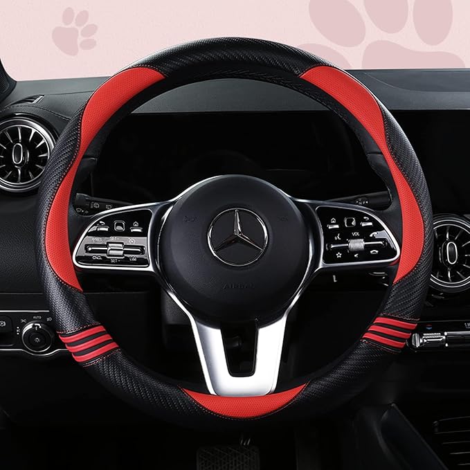 Car Steering Wheel Covers for Women Padded Carbon Fiber PU Leather Cute Auto Interior Accessories for Vehicle, Sedan, Universal, Anti Slip, Red, Standard Size, 14.75-15.15in