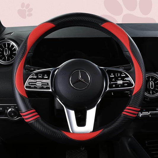 Car Steering Wheel Covers for Women Padded Carbon Fiber PU Leather Cute Auto Interior Accessories for Vehicle, Sedan, Universal, Anti Slip, Red, Standard Size, 14.75-15.15in