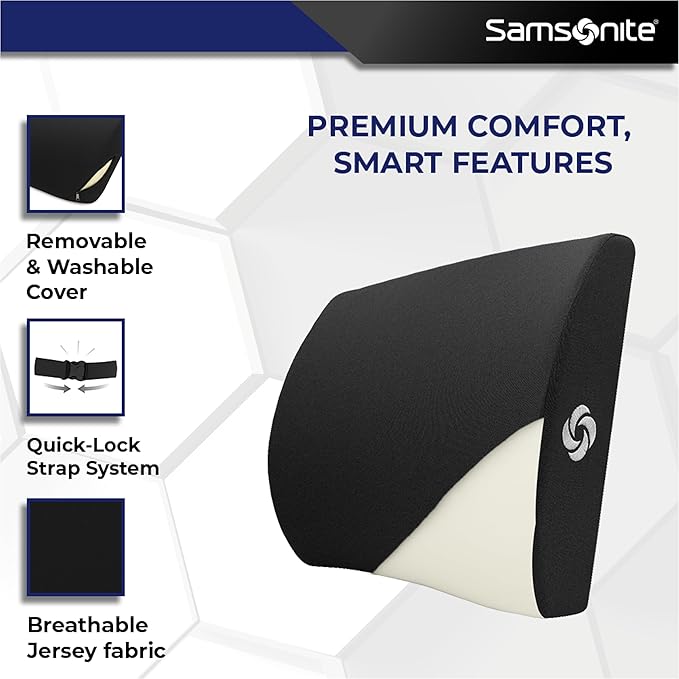 Samsonite Ergonomic Lumbar Pillow for Office Chair and Car Seat - Memory Foam Back Support Lumbar Pillow, Premium Cushion Chair Support for Lower Back Pain Relief and Versatile Use (Black)