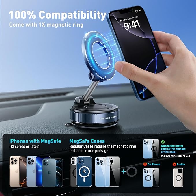 Magnetic Car Phone Holder Mount【Upgraded Anti-Loose-Arm Version】 360° Adjustable Nano Gel Vacuum Suction Cup Phone Holders for Your Car for MagSafe Cases iPhone 17-12 [108lbs & 3000gf]