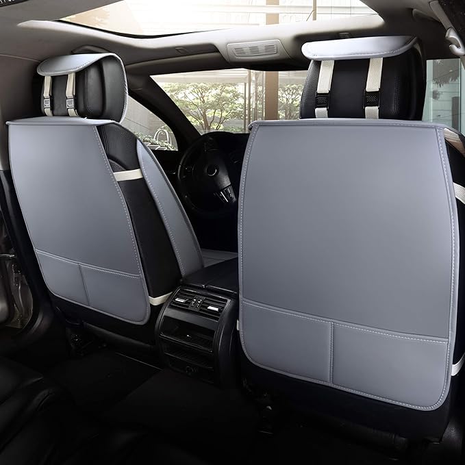 Aierxuan Car Seat Covers Full Set 5pcs with Waterproof Leather, Airbag Compatible Automotive Vehicle Cushion Cover Universal Fit for Most Cars (Grey)