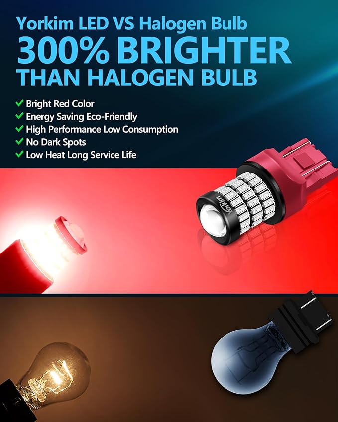 Yorkim 7440 LED Bulb Red 7443 led brake lights bulb with Projector 7441 7444 W21W T20 led bulb Replacement Lamp for brake lights tail lights turn signal lights, pack of 4