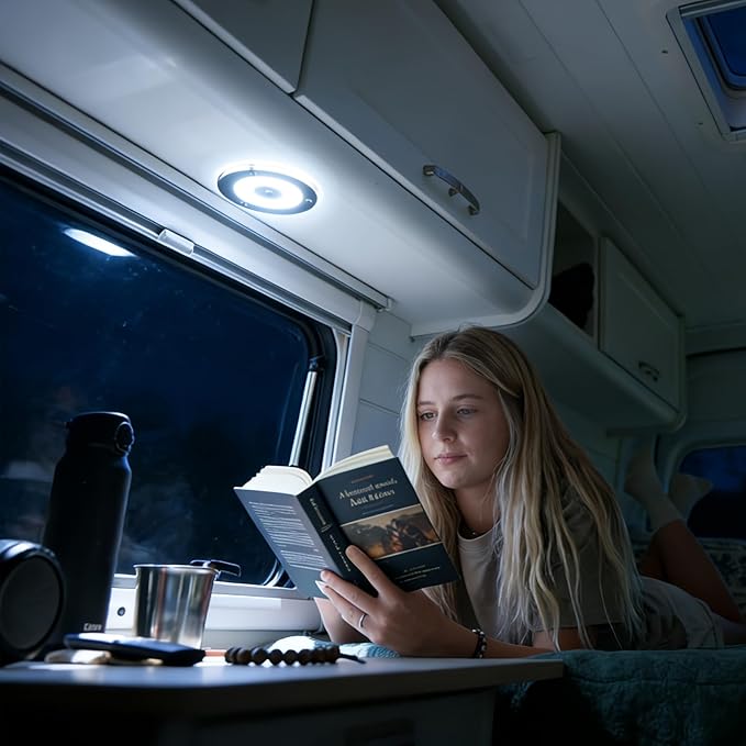 7.3 Inch 12 Volt LED Ceiling Dome Light, 720LM Dimmable Interior Light for RV Boat Camper Van Caravan Truck Motorhome Interior Lighting, Blue Light & Touch Switch(Cool White)