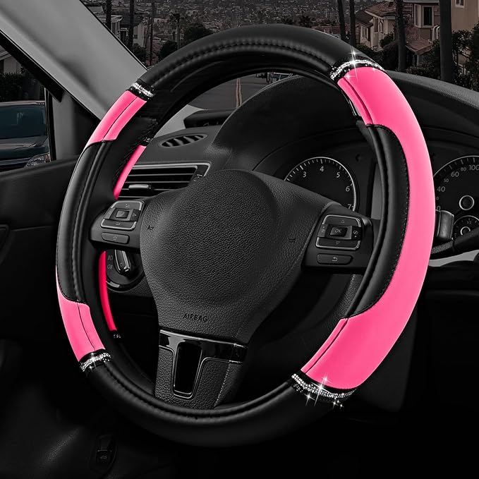 Road Comforts Leather Steering Wheel Cover - Made with PVC Leather - Anti-Slip, Universal Fit 14 1/2 inches to 15 inches - Hot Pink