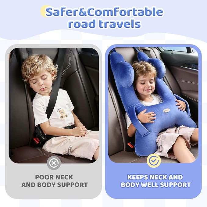 FLORICH Kids Travel Pillow, Car Sleeping Travel Pillow for Kids, Washable H-Shaped Pillow for Adults and Children to Support Head and Body for Road Trips Pillow for Car (Blue)