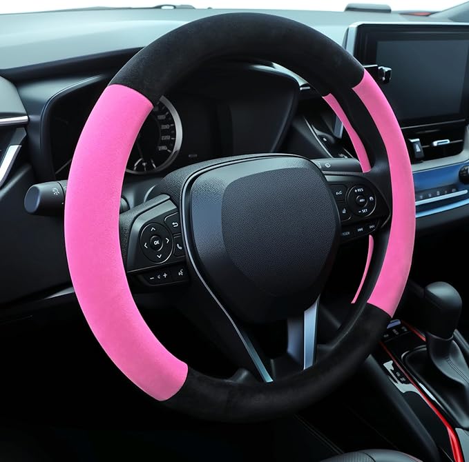 SEG Direct Steering Wheel Cover for Car, Standard Size 14.5-15 inch, Auto Interior Accessories, Warm Plush, Summer Winter, Black and Pink