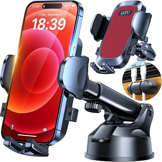 HTU 𝟐𝟎𝟐𝟔 𝐔𝐩𝐠𝐫𝐚𝐝𝐞𝐝【True Military-Grade】 Car Phone Holder【Safety Certs & No Smell】 Cell Phone Holder for Car Mount for Dashboard Windshield Air Vent Long Arm Thick Case,Red