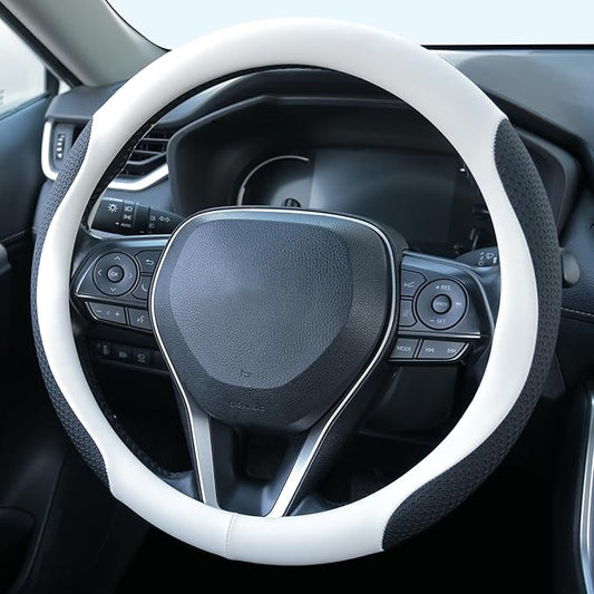 Nappa Leather Steering Wheel Cover, Universal 14.5–15 Inch Non-Slip Breathable Steering Wheel Cover for Cars, White