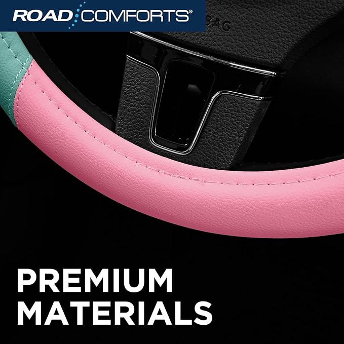 Road Comforts Car Steering Wheel Cover - Microfiber Leather Steering Wheel Wrap Sports 14.5-15 Inch Steering Wheel Cover Non-Slip for Men Women Pink & Green Color