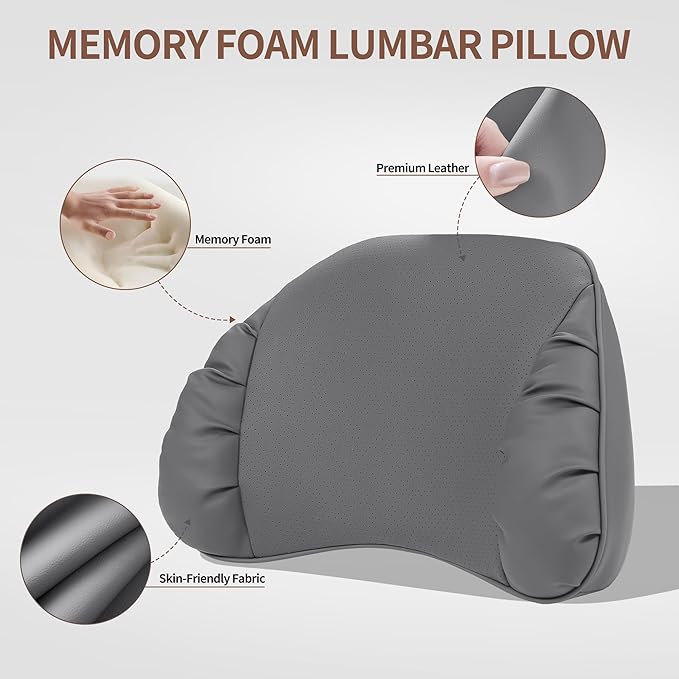 Lumbar Support Pillow for Car Seat, Memory Foam Leather Lumbar Pillow for Lower Back Pain Relief - Back Cushion for Driving - Chair Support for Office Chair, Gaming Chair, Gray, 1 Pack