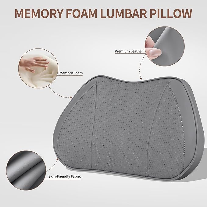 Lumbar Support Pillow for Car, Premium Leather Memory Foam Lumbar Cushion for Lower Back Pain Relief, Universal Back Support for Driving, Home & Office Chairs, Gray, 1 Pack