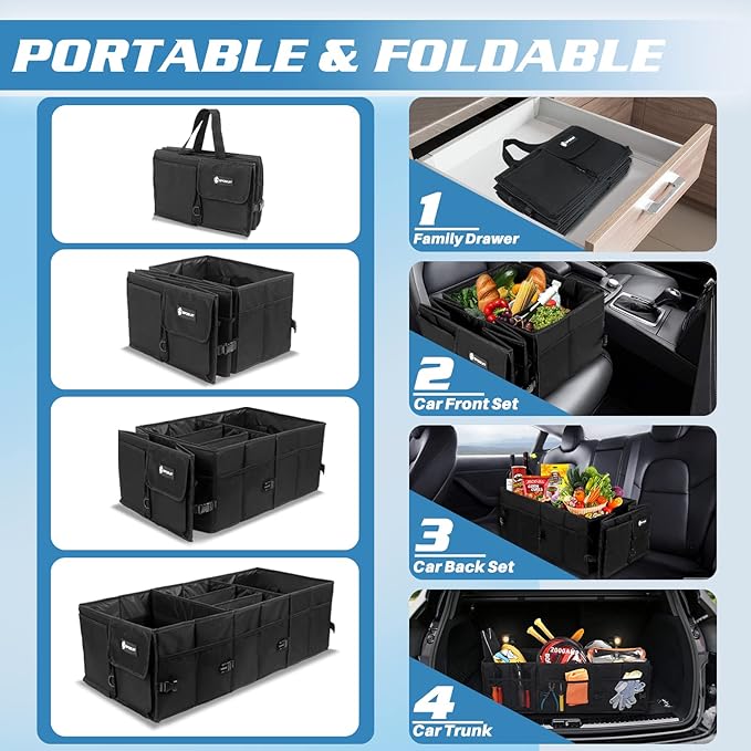 Sposuit Trunk Organizer with Insulated Leakproof Cooler Bag, 98L Collapsible Car Storage Large Trunk Organizer for Car SUV Van with Removable Dividers & Adjustable Securing Straps