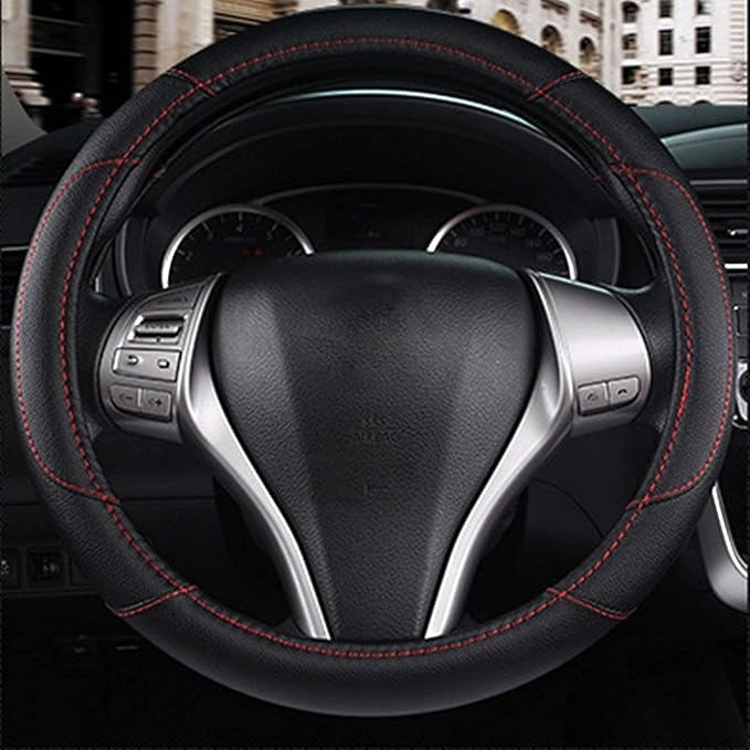 Leather Car Steering Wheel Cover, Non-Slip Car Wheel Cover Protector Breathable Microfiber Leather Universal Fit for Most Cars(Black)