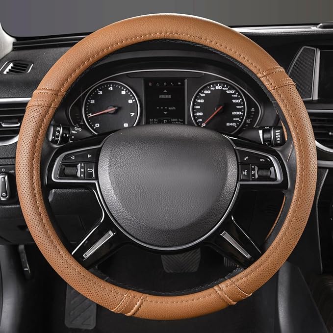 Car Pass Classical Leather Automotive Universal Steering Wheel Covers,Universal Fit for Suvs,Trucks,Sedans,Cars,Vans,14.5-15inch Anti-Slip Safety Comfortable Desgin(Brown)