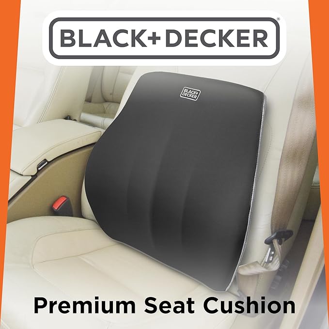 BLACK+DECKER Memory Foam Lumbar Support Pillow, Lumbar Cushion for Office, Car, Wheelchair & Airplane – Adjustable Strap, Full Back Pain Relief, Washable Cover, Black/Grey