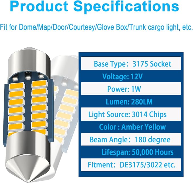 Serundo Auto DE3175 Led Car Bulb 31mm 1.22in Led Festoon Bulb, DE3021 DE3022 DE3023 6428 6430 7065 Led Festoon Bulb, Interior Led Used for Car Map Dome Light etc,Pack of 6pcs Amber Yellow Color