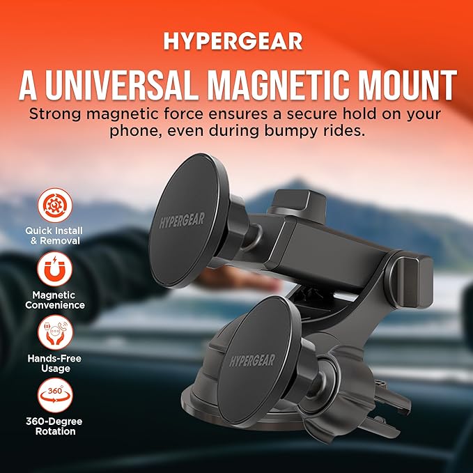 HyperGear MagSafe Car Mount - Magnetic Phone Holders for your Car Phone Holder Mount, Hands Free Mobile 3 Mounting Options (Windshield+Vent+Dash), Adapter included Cellphone Holder for iPhone, Android