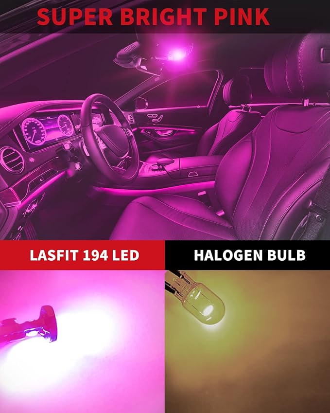 LASFIT 194 168 T10 192 2825 W5W LED Bulb Canbus Error Free, Non-Polarity 400LM Extremely Bright for Dome Map Courtesy Door Trunk Cargo Lights, 12-24V, Purple Pink (Pack of 2)