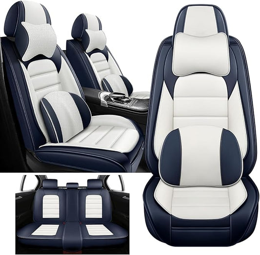 5 Seat Covers Fit for Acura ILX 2013-2022, Waterproof Premium Leather Automotive Accessories Seat Protectors Seat Cushions Wear-Resistant Car Seat Covers（Blue&White,Full Deluxe）