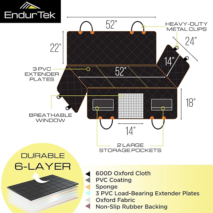 Dog Car Seat Cover for Back Seat | Universal Hard Bottom Back Seat Extender for Car, Truck, SUV | Waterproof Cargo and Truck Bed Protector Hammock with Storage Pockets for Medium & Large Dogs
