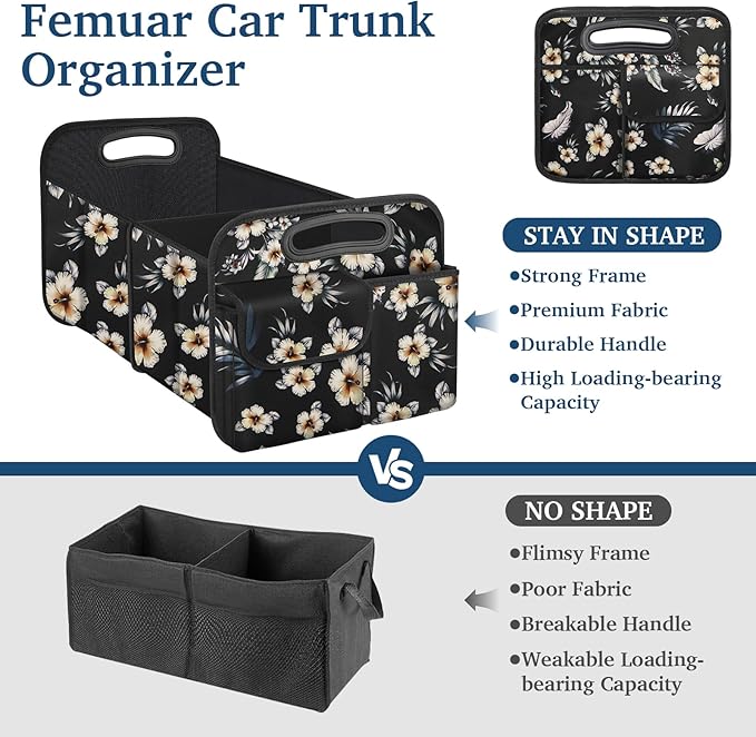 Femuar Car Trunk Organizer, Car Storage Organizer with Large Capacity Waterproof Collapsible Trunk Organizer for Car Suv/Jeep/Sedan (Hibiscus flowers, Standard)