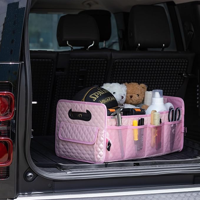 JiatuA Car Trunk Organizer for SUV, Car Storage Organizer Collapsible Multi Compartment Container Box, Adjustable Car Accessories for Women/Men, Pink