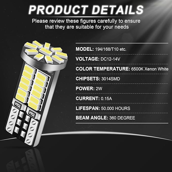 10 Pieces 194 LED Bulb Super Bright 6500K T10 168 2825 W5W 34-SMD 3014 Chipsets Replacement Bulbs for Car Trunk Interior Dome Map Door Dash Courtesy License Plate Lights - Xenon White