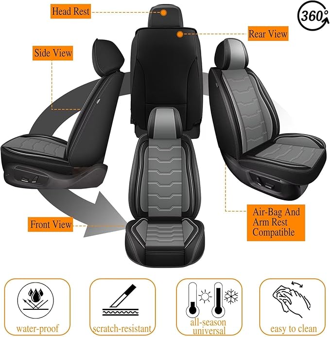 Car Seat Covers Fit for Hyundai Accent 2017-2024 2025 Waterproof Faux Leather Seat Covers Cushion Protector Car seat Covers Compatible Airbag(5 Seats, Black-Grey)