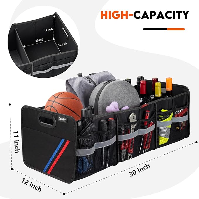 Trunk Organizer for Car， Collapsible Trunk Organizer with Multi Pockets, 3 Compartments Storage Organizer for Car SUV, Truck, Sedan
