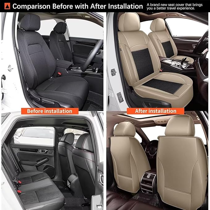 Breathable Ice Silk Seat Covers for Hyundai Ioniq 2017-2024 2025 - Waterproof Leather Car Cushions Anti-Slip Cooling Seat Covers Protector(5 Seats - Beige&Grey)