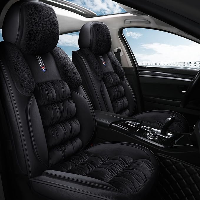 AOOG Fuzzy Car Seat Covers, Heated Bench Back Cushion Protector for Cars SUV Trucks(Front Pair,Black)
