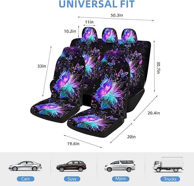 5 Pcs Premium Purple Butterflies Car Seat Cover, Breathable & Washable Car Seat Covers Full Sets, Fashionable Printed Seat Covers for Cars Interior, Universal Fit for Most Cars