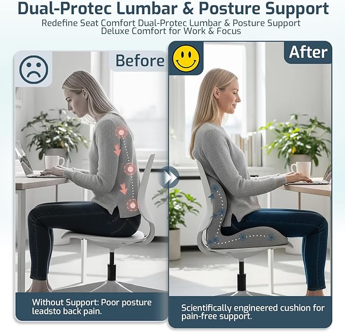 Office Chair Cushions with Lumbar Support Pillow, Soothe Back and Seat Cushion Memory Foam, Non Slip Adjustable Strap for Lower Back Pain Sciatica Relief Office Workers Car Drivers (Black+Light Gray)