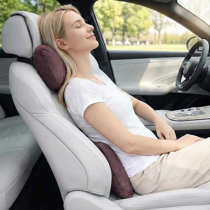 2PCS Car Pillow for Car Neck Pillow for Driving Seat Lumbar Support Soft Cushion with Extra Filling Accessories Back Support for Travel Nap and Trips Sleeping (Coffee, Head and Lumbar)
