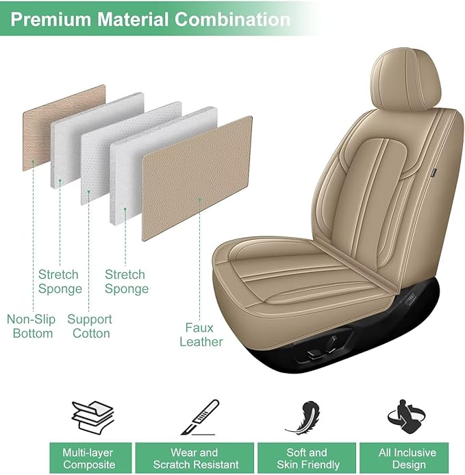 2 Front Seat Covers for Kia Soul 2010-2024 2025 Faux Leather Car Seat Cover Waterproof Automotive Seat Cushion Protectors Compatible Airbag (2 Seats, Beige)
