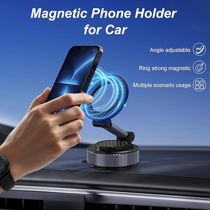 surundo Magnetic Phone Holder for Car - Upgraded 360° Vacuum Magnetic Phone Holder, Foldable Retractable Suction Cup Car Mount for Magsafe for Your Car/Gym/Mirror Mount for iPhone & Android