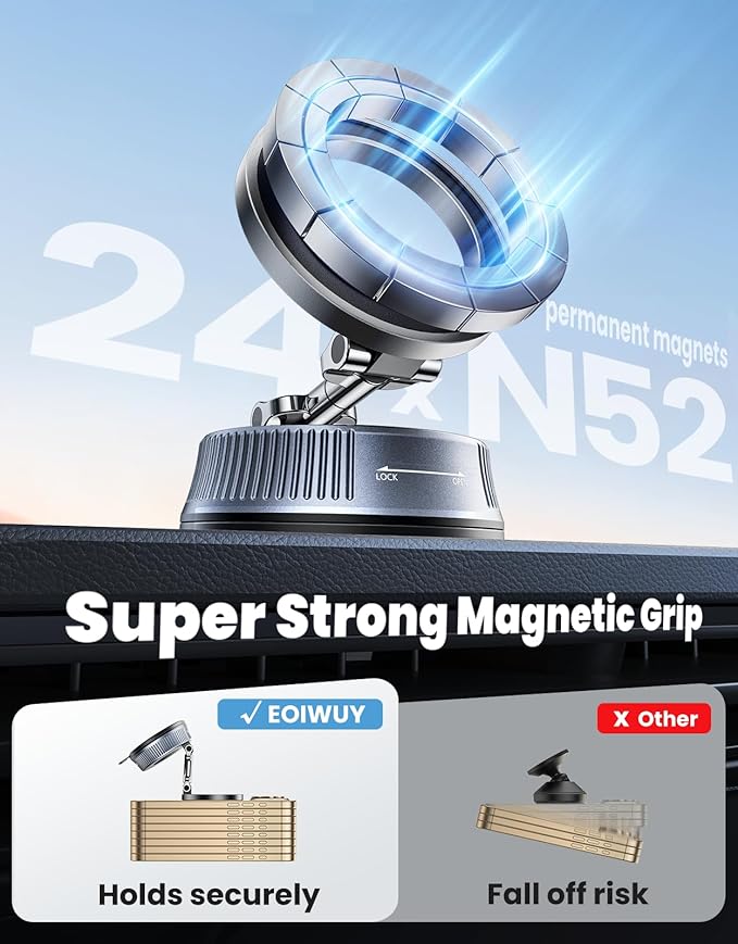 Magnetic Car Phone Holder with Suction Cup, [90LBS Vacuum Suction & 2800GF Strong Magnetic] Phone Holders for Your Car, 360° Adjustable Car Phone Mount for MagSafe, iPhone 17 16 15, Android