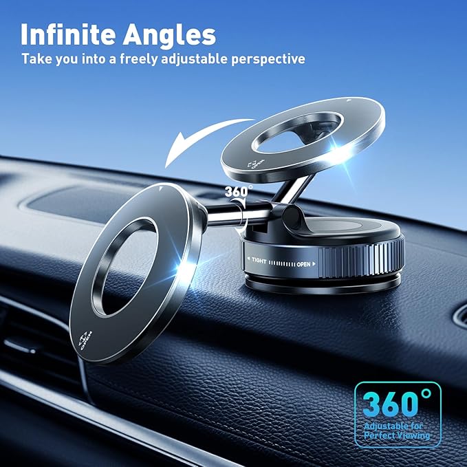 Magnetic Car Phone Holder Mount【Upgraded Anti-Loose-Arm Version】 360° Adjustable Nano Gel Vacuum Suction Cup Phone Holders for Your Car for MagSafe Cases iPhone 17-12 [108lbs & 3000gf]