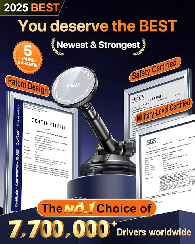 YRU Upgraded Magnetic Phone Holder for Car【Patented & Super Magnet】 for MagSafe Car Mount Dashboard Magnet Phone Holder Windshield Phone Stand for iPhone 17 16 15 14 13 12 Pro Max Samsung, Grey