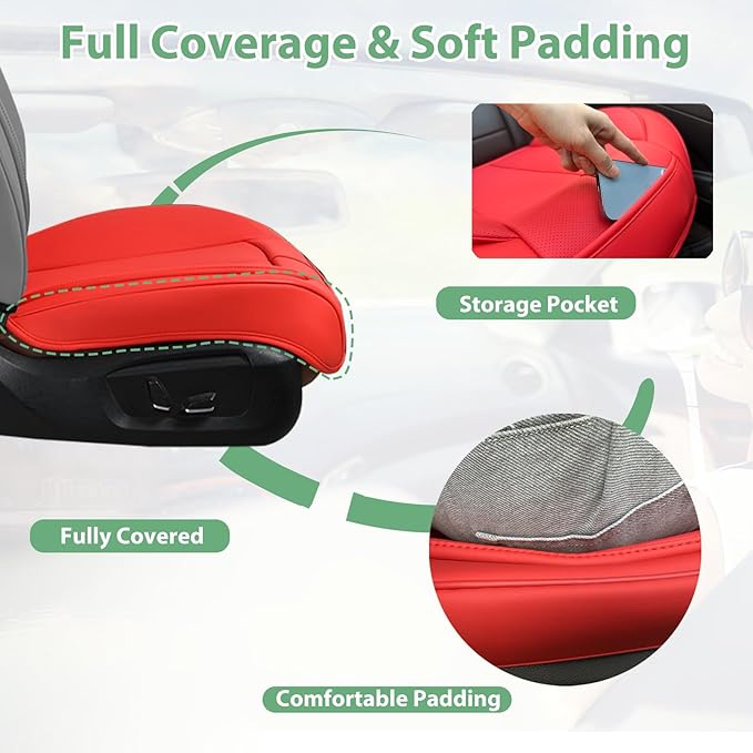 2 Pack Leather Front Car Seat Cover Bottom Only, Anti-Slip Padded Seat Cushion, Full Wrap Seat Protector with Storage Function Universal Fit for Most Cars, SUV, Pick-up Trucks (Red)