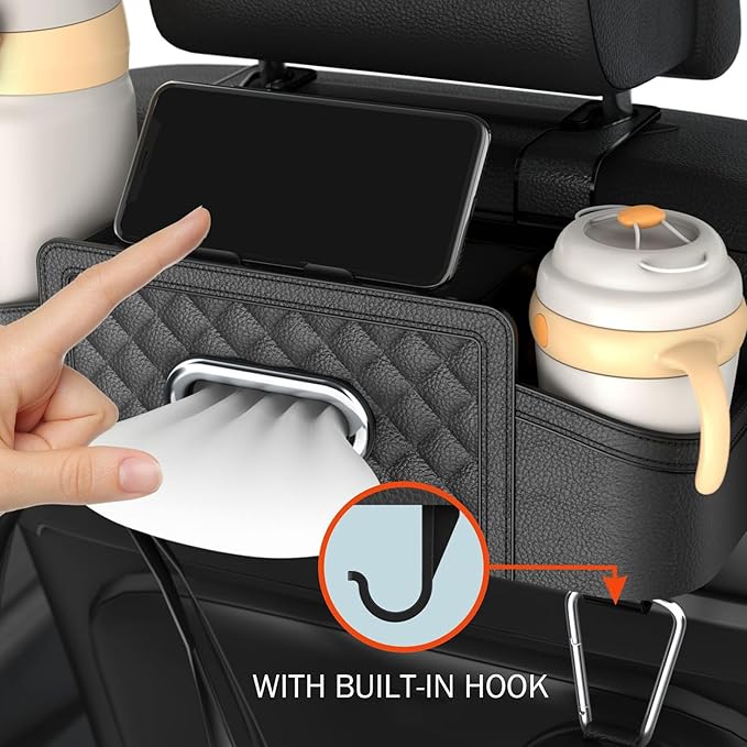 Car Backseat Organizers, Backseat Organizer, 2 Car Cup Holder with Tissue Holder & Hooks Heavy Duty Multifunctional Storage for Most Vehicles