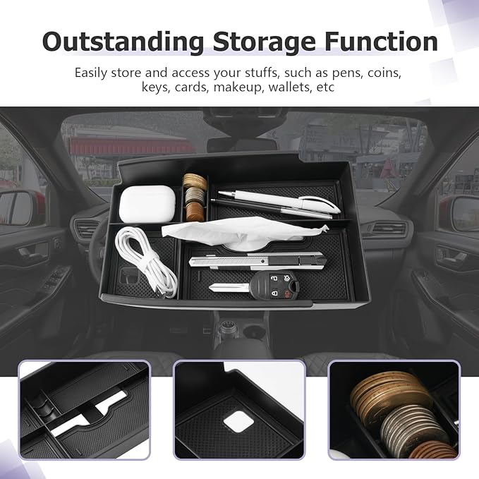 LUWU Ford Center Console Organizer Compatible with Ford Escape (2020-2025), Ford Bronco Sport (2021-2025) Console Organizer Tray Armrest Storage w/Tissue Box 2025 Ford Escape Bronco Sport Accessories