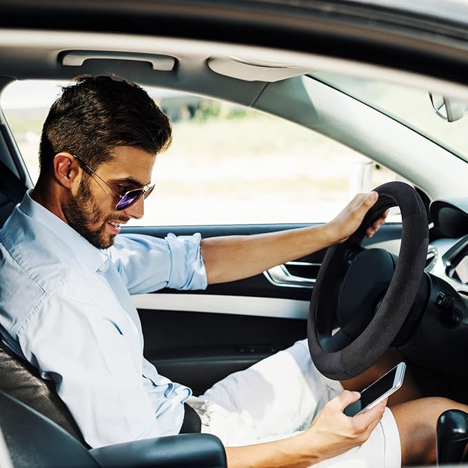 SEG Direct Steering Wheel Cover for Car, Standard Size 14.5-15 inch, Auto Interior Accessories, Plush Warm Velvet, Summer Winter, Black