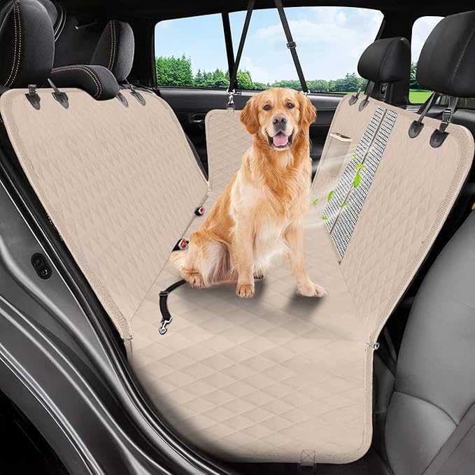 Dog Car Seat Cover, 600D Heavy Durable Dog Seat Cover for Back Seat, 100% Waterproof Scratch Proof Nonslip Dog Hammock for Car with Side Flap, Pet Back Seat Covers for Cars with Seatbelt Khaki