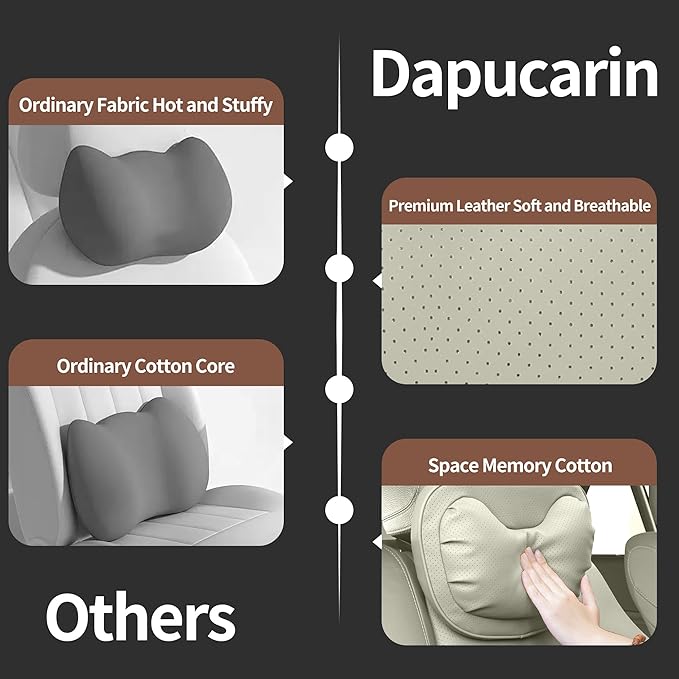 Car Neck Pillow [No More Pressure] Soft Comfortable Premium Leather Headrest with Adjustable Strap – Ergonomic Support for Driving, Office & Gaming, Off White (Beige), 2 Pack