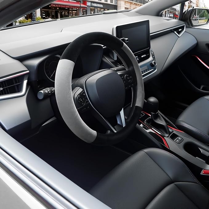 SEG Direct Steering Wheel Cover for Car, Standard Size 14.5-15 inch, Auto Interior Accessories, Warm Plush, Summer Winter, Black and Gray